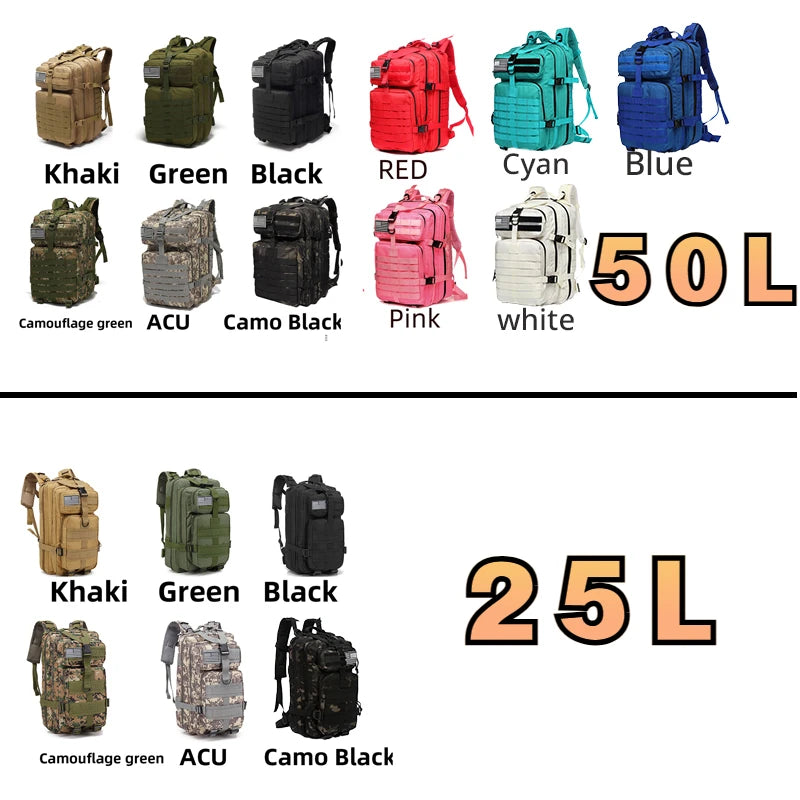 25L/50L Waterproof Tactical Sports Backpack - Outdoor Rucksack